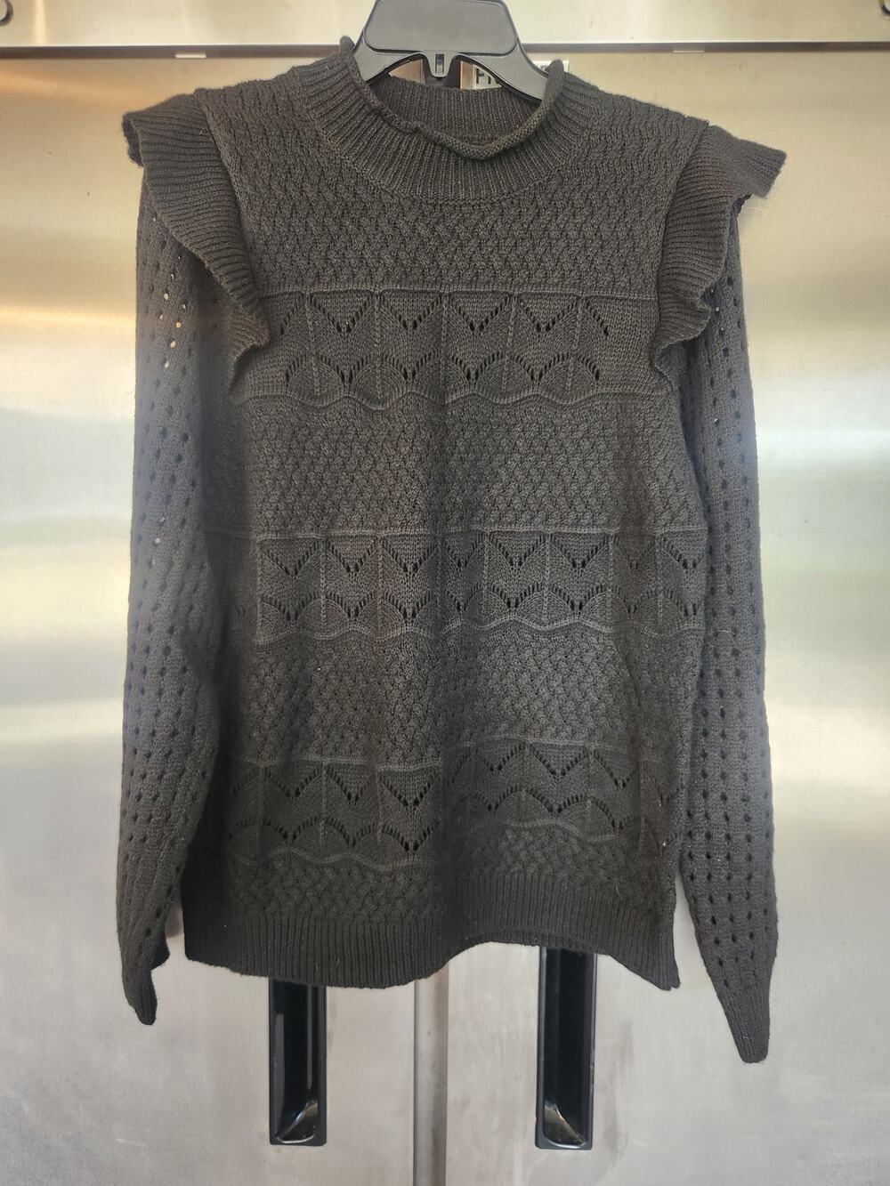 Shein Gray Textured Knit Sweater Ruffle Shoulder Long Sleeve Size XL